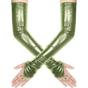 Women's Green Shiny Elastic Satin Rave Fingerless Long Gloves Party Costume